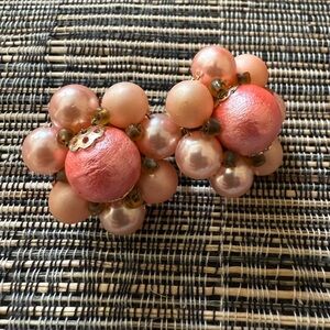 Vintage Pink Faux Pearl‎ Cluster Clip-On Earrings By Japan Signed Gold